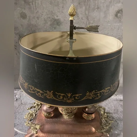 Hammered Copper French Bouillotte Lamp Handpainted Shade W/ Built In Inkwell WOW - Picture 8 of 12